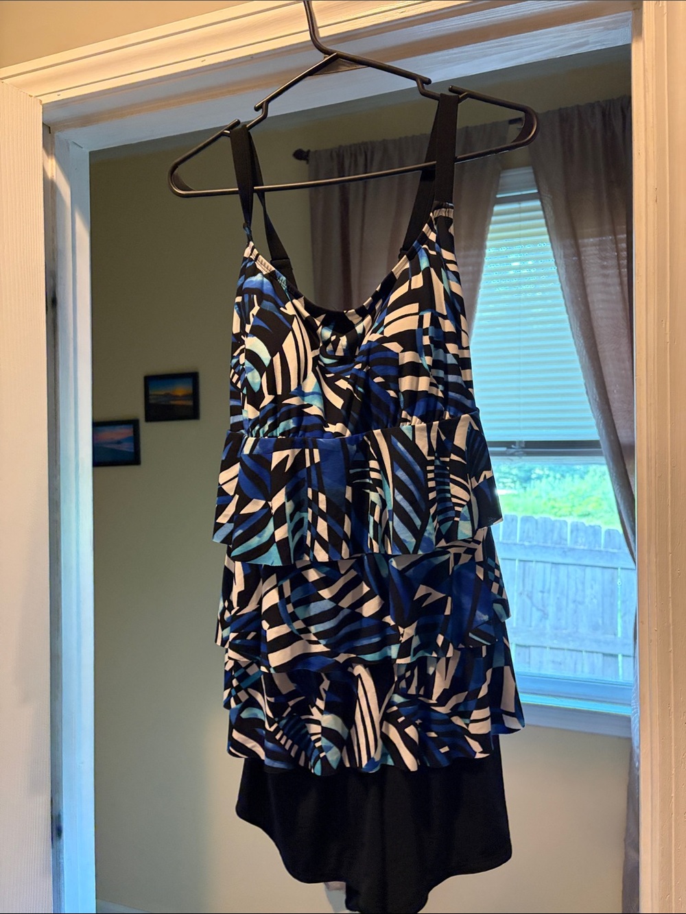 Longitude Blue Black and White Ruffle Tankini Top